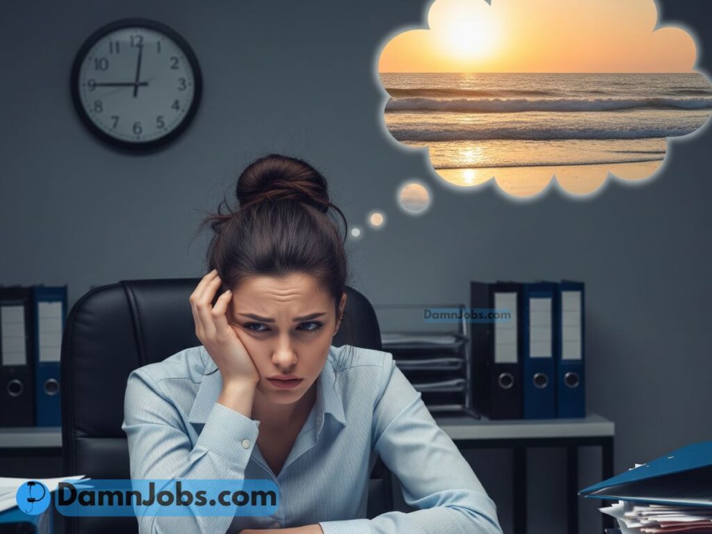 A tired young professional sitting at a cluttered desk with a stressed expression, surrounded by paperwork and a clock showing late hours, with a faint thought bubble showing a peaceful beach and sunset, symbolizing the desire to leave work behind and find freedom.