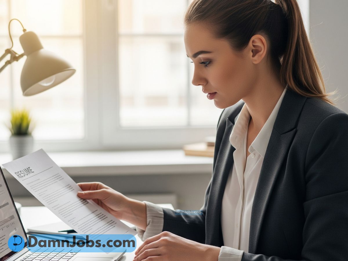 Person reviewing and editing a resume on a laptop in a bright office setting