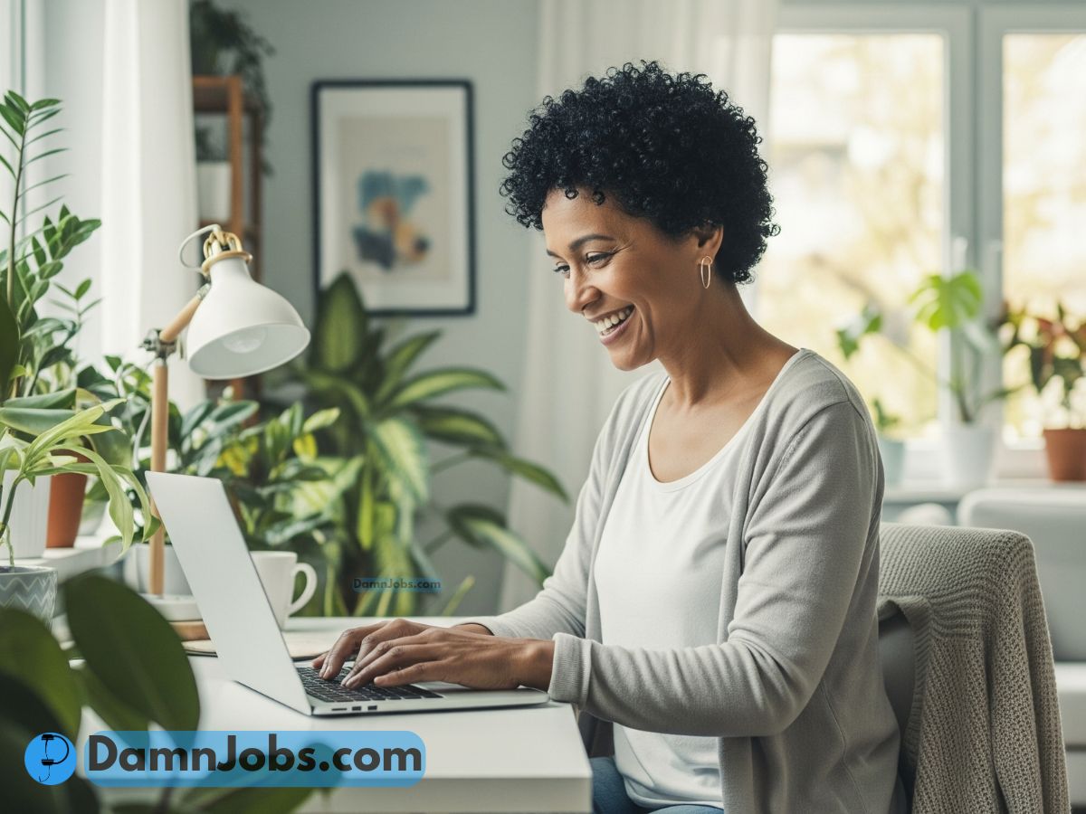 Person sitting on a couch with a laptop, casually working on side hustle tasks like writing and designing, in a cozy, homey setting.