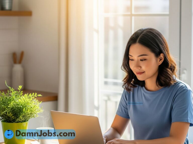 Freelancer working on a laptop at home with a notebook, coffee, and bright natural light around them.
