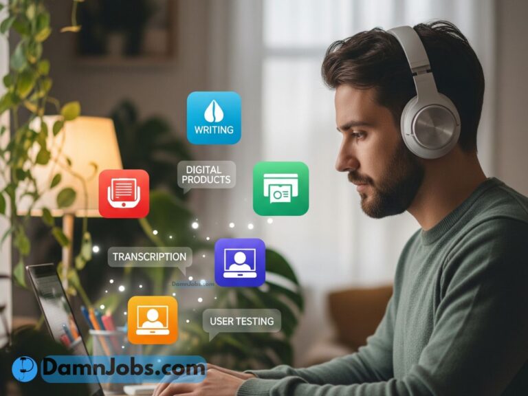 Introverted person working quietly at home on a laptop, with icons for writing, digital products, and transcription floating nearby.