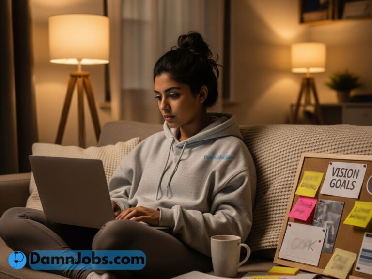 Burned-out office worker starting a remote side hustle at home with a laptop and cozy setup.