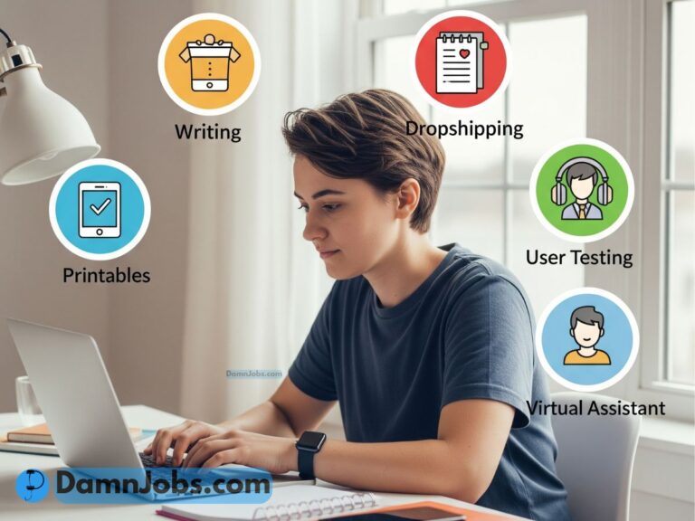 Person working on a laptop with icons representing different side hustles like writing, printables, and dropshipping floating around.