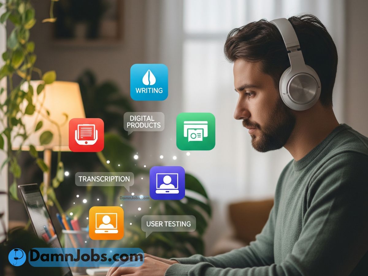 Introverted person working quietly at home on a laptop, with icons for writing, digital products, and transcription floating nearby.