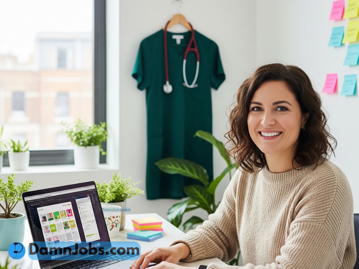 Former nurse working on UX design at home, with nursing gear in the background representing her career shift.