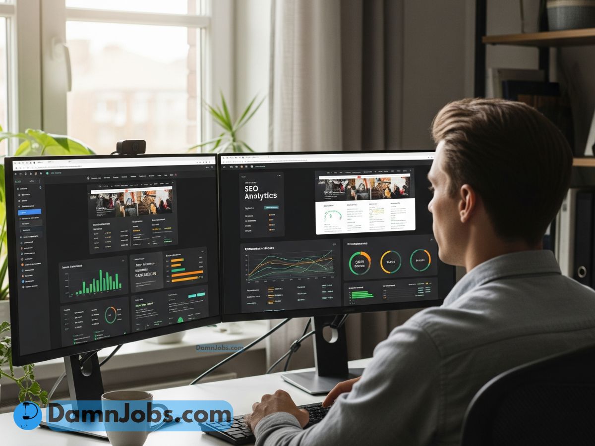 Website manager working from home with multiple screens showing analytics and SEO tools, coffee on the desk.