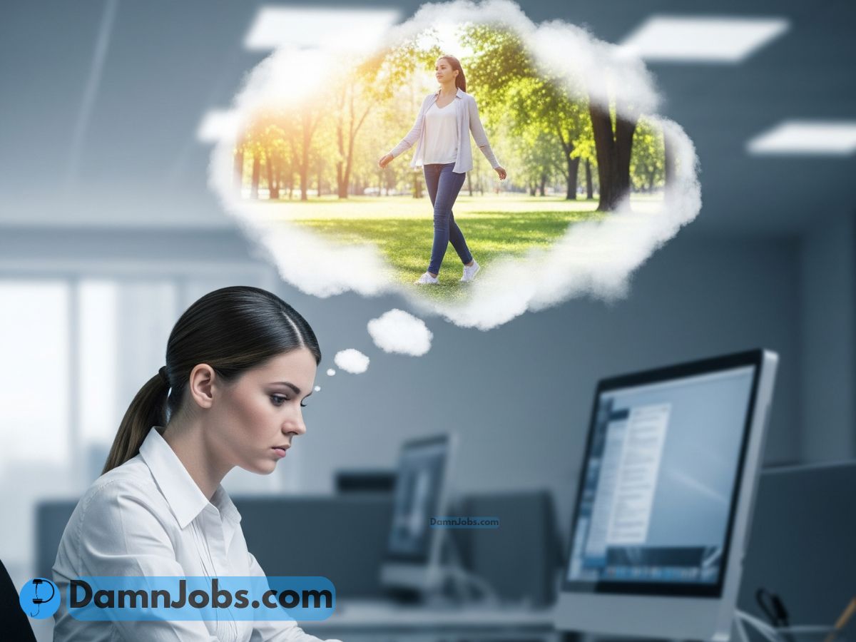 Person feeling stuck at office job while dreaming of freedom and a better life.