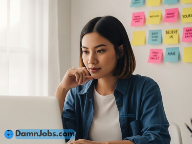 Young job seeker at desk with motivational notes, looking confident and ready