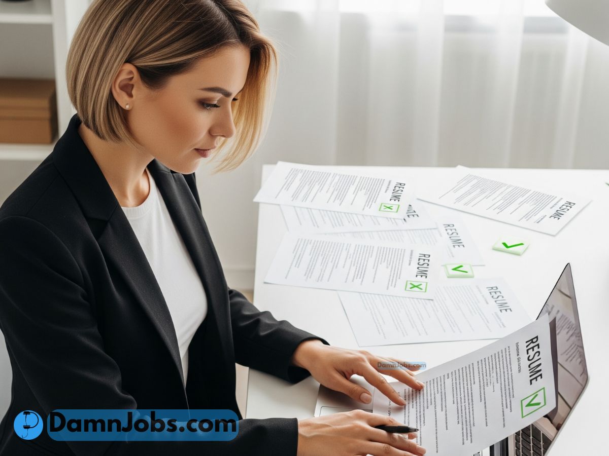 Person editing resume on laptop with checklist and papers around