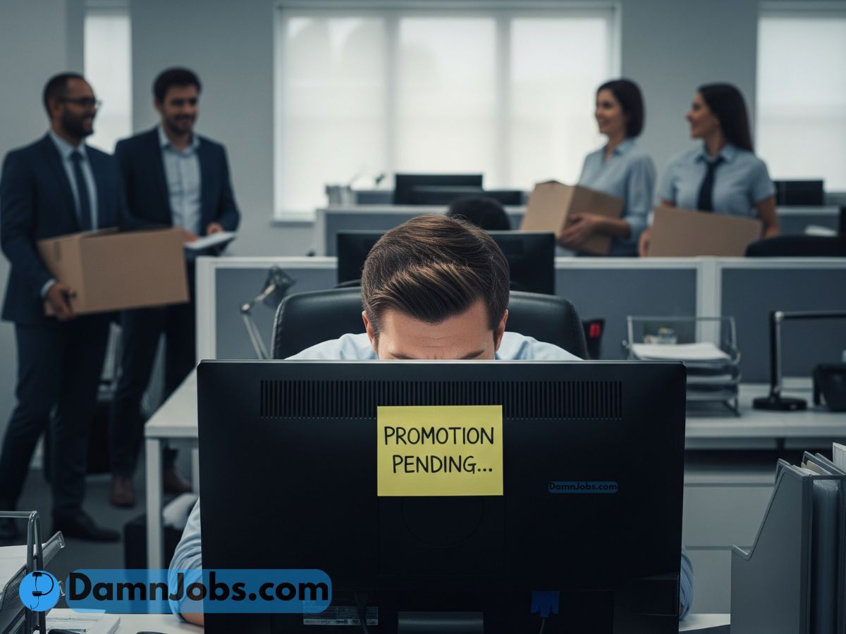 Employee waiting for promotion while others advance, feeling overlooked in office.