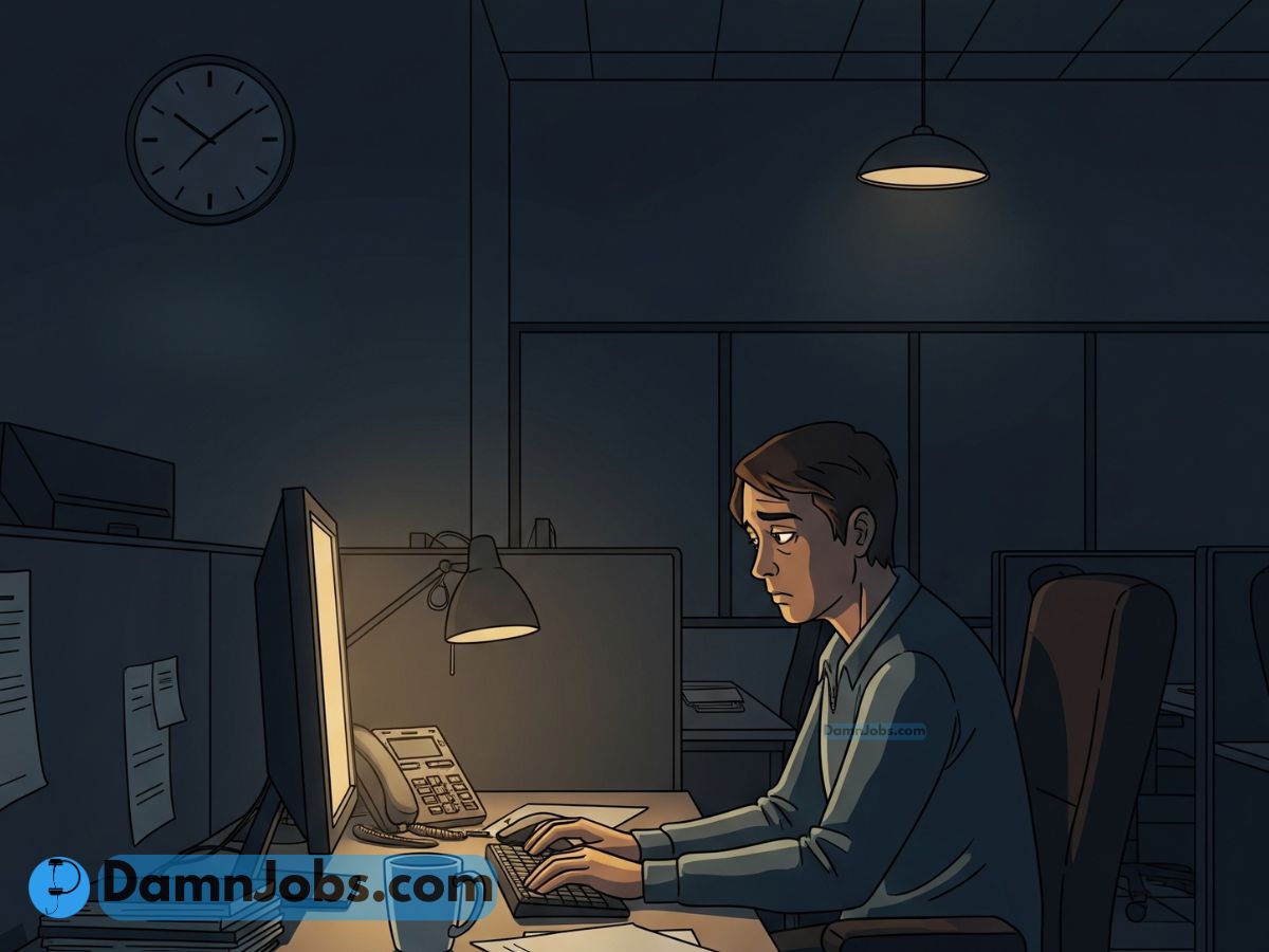 Employee staying late at work alone in office, feeling exhausted and overlooked.