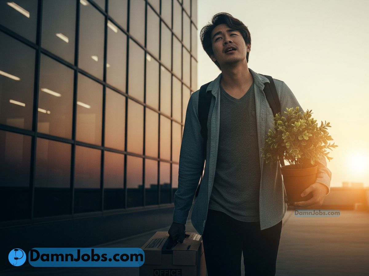 A person walking away from a dark office building into a bright, peaceful sunrise. They look emotionally tired but hopeful, holding a box of office items and a small plant. The contrast between cold fluorescent light and warm natural light represents leaving toxicity behind.