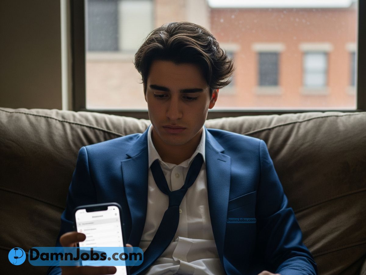 Disappointed job seeker checking phone after interview with no response.