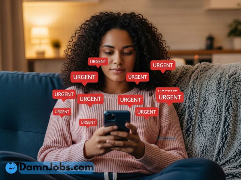 Worker relaxing at home ignoring non-urgent messages from boss on phone.