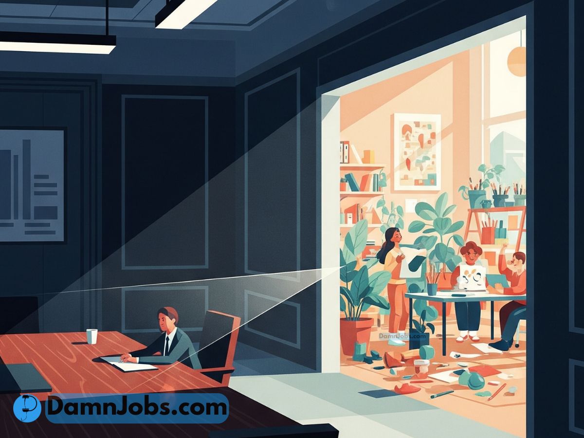 Employee sitting in wrong office room while a brighter, better-fit workspace is visible through an open door.