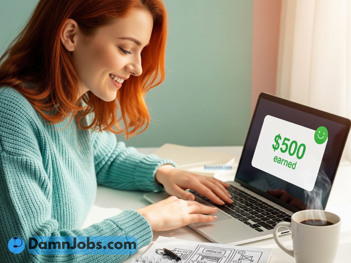A smiling freelancer at a desk with a laptop showing $500 earned, surrounded by a notebook and coffee cup.