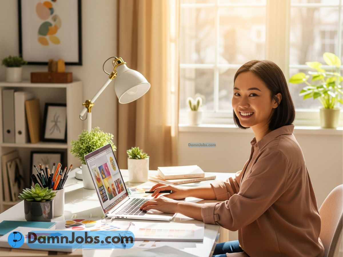 Beginner freelancer creating a resume on a laptop with notes and coffee at a clean, cozy desk.