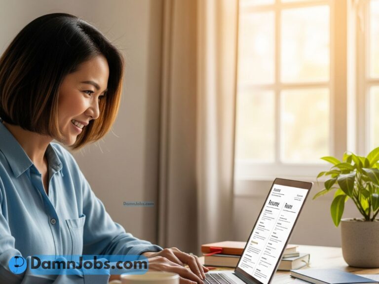 Woman happily writing resumes on her laptop in a cozy home office setup.