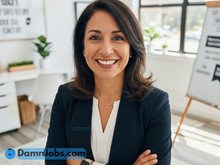 A smiling woman working as a career coach from home with a laptop and coaching books on her desk.