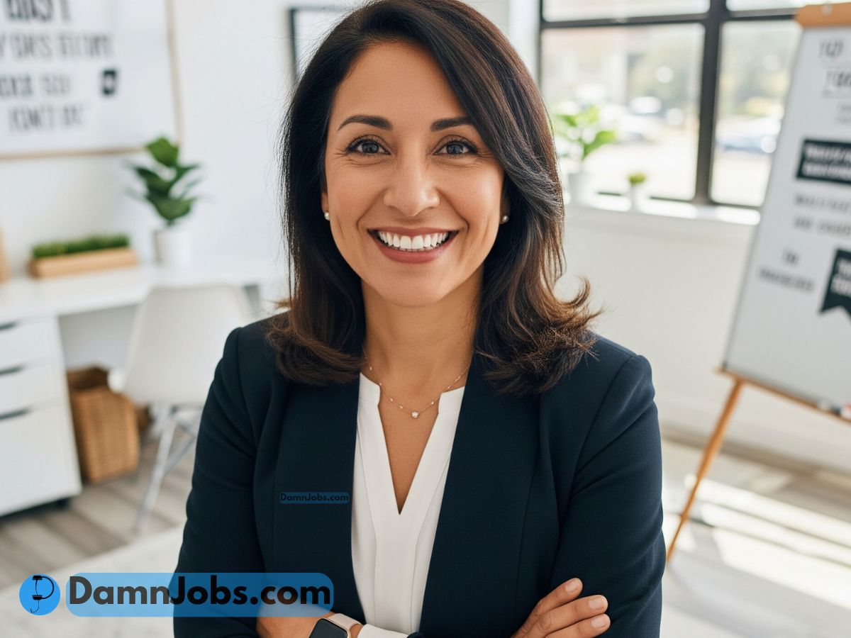 A smiling woman working as a career coach from home with a laptop and coaching books on her desk.