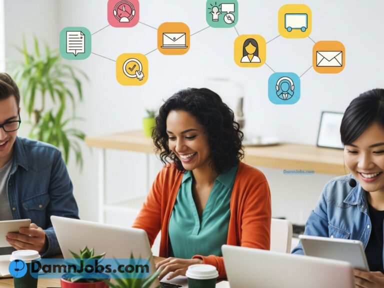 Young adults working from home on laptops and tablets, smiling and focused, with icons showing different online jobs around them.