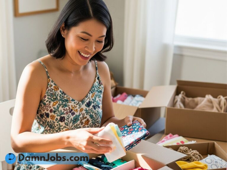 Person working from home on laptop, surrounded by visual ideas of side hustles like writing, social media, and print-on-demand.