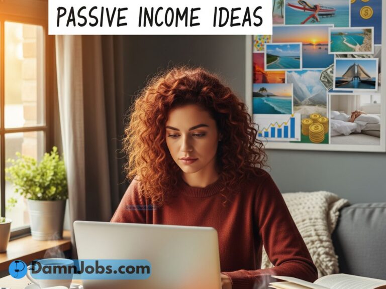 Person working on passive income ideas at home, surrounded by notes and coffee, with future goals on a vision board in the background.