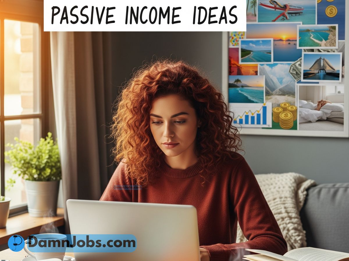 Person working on passive income ideas at home, surrounded by notes and coffee, with future goals on a vision board in the background.
