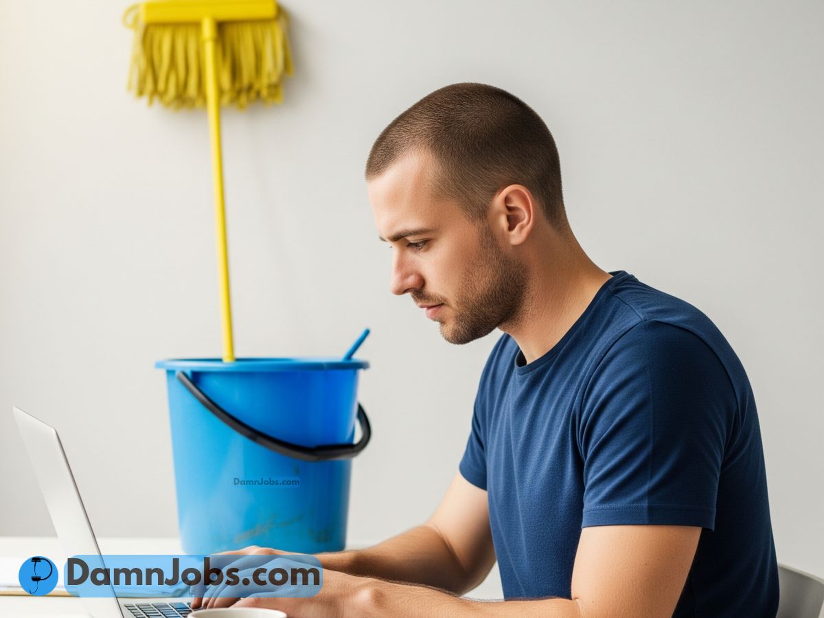 Young man coding on a laptop with cleaning tools in the background, representing his journey from janitor to software engineer.