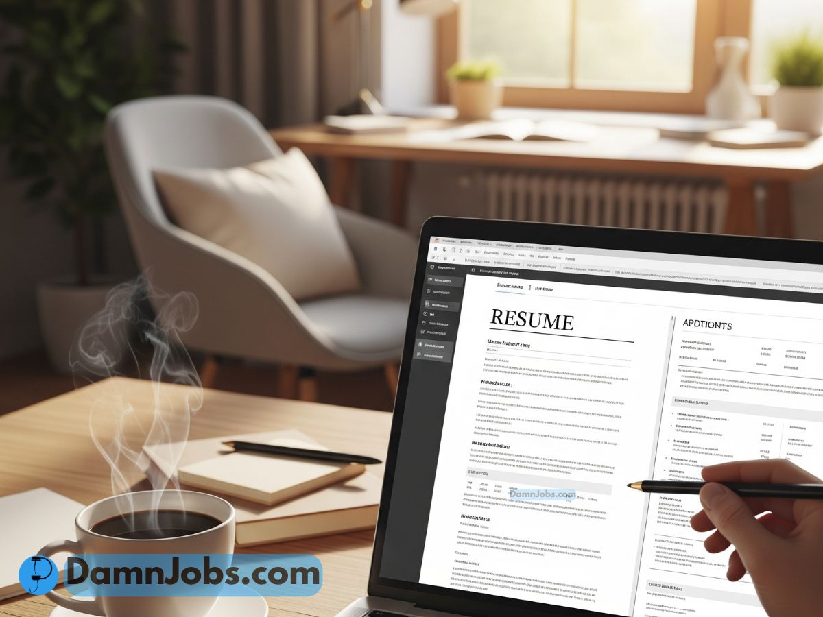 A person editing a resume on a laptop using free tools in a cozy workspace.