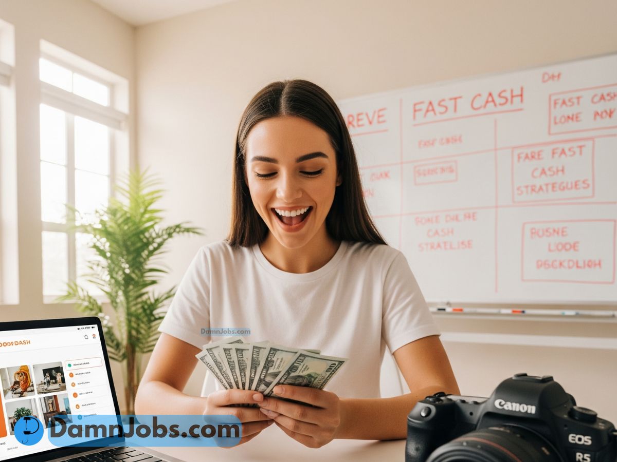 Person smiling while counting money after finishing fast-paying gigs, with a laptop and phone open nearby.