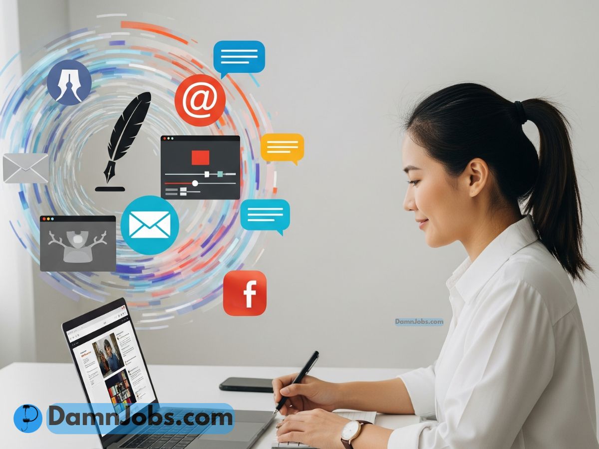 Freelancer at a desk with laptop and digital icons showing in-demand freelance skills like writing, editing, and social media.