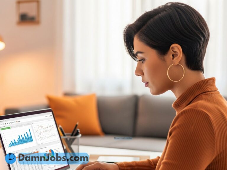 Young woman working on a laptop as a data analyst from home, with charts and spreadsheets on the screen.