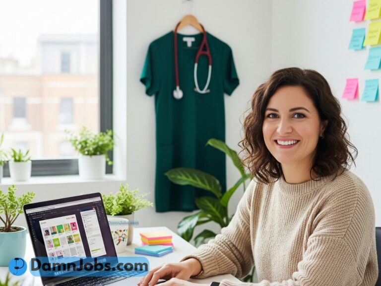 Former nurse working on UX design at home, with nursing gear in the background representing her career shift.