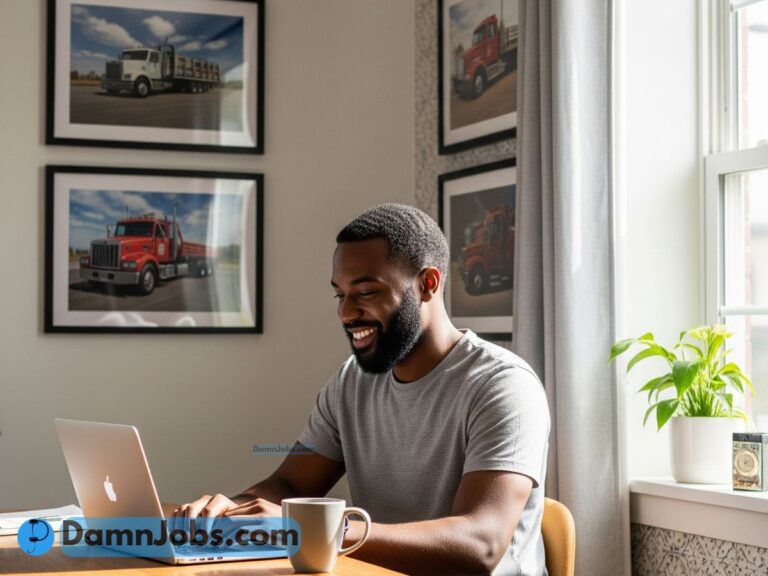 Man who switched from trucking to tech recruiting working at laptop in home office