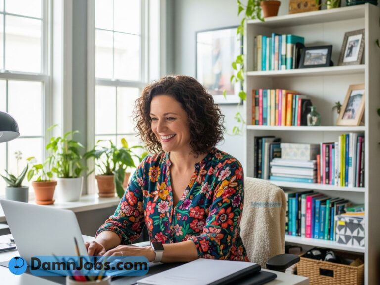 A young person smiling at their laptop on a couch after getting a remote job, with a cozy setup in the background.