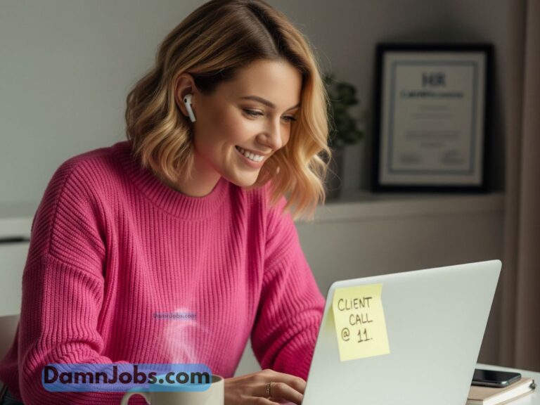 Former HR professional working remotely as a virtual assistant, smiling at her laptop with a calm and cozy work vibe.