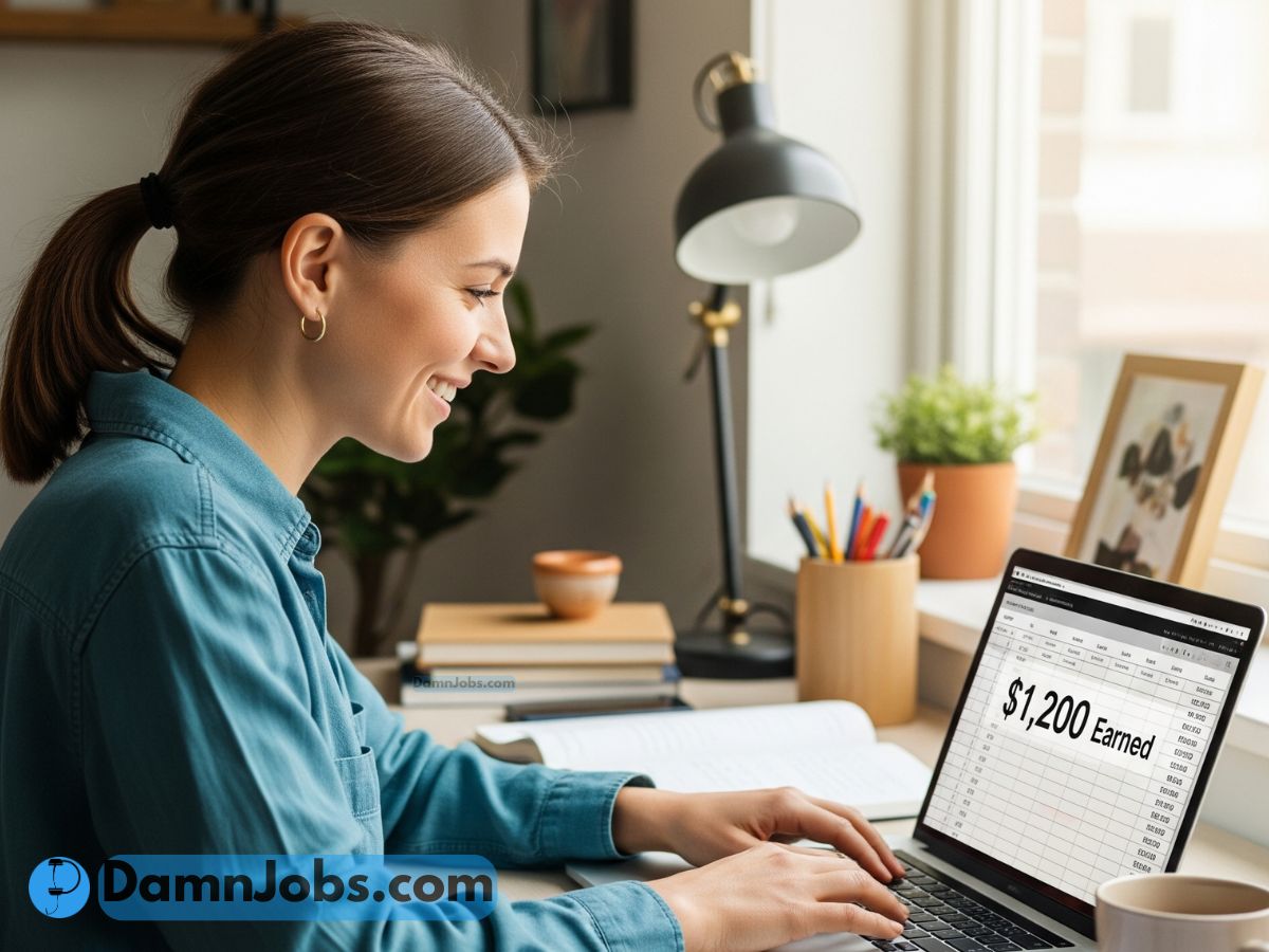 Freelancer smiling at their laptop showing $1,200 in earnings, working from a cozy desk setup with coffee and notes.