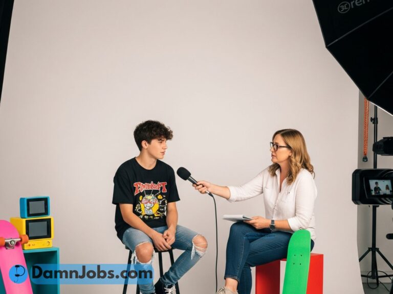 Young professional confidently answering job interview question across a desk in a modern office.