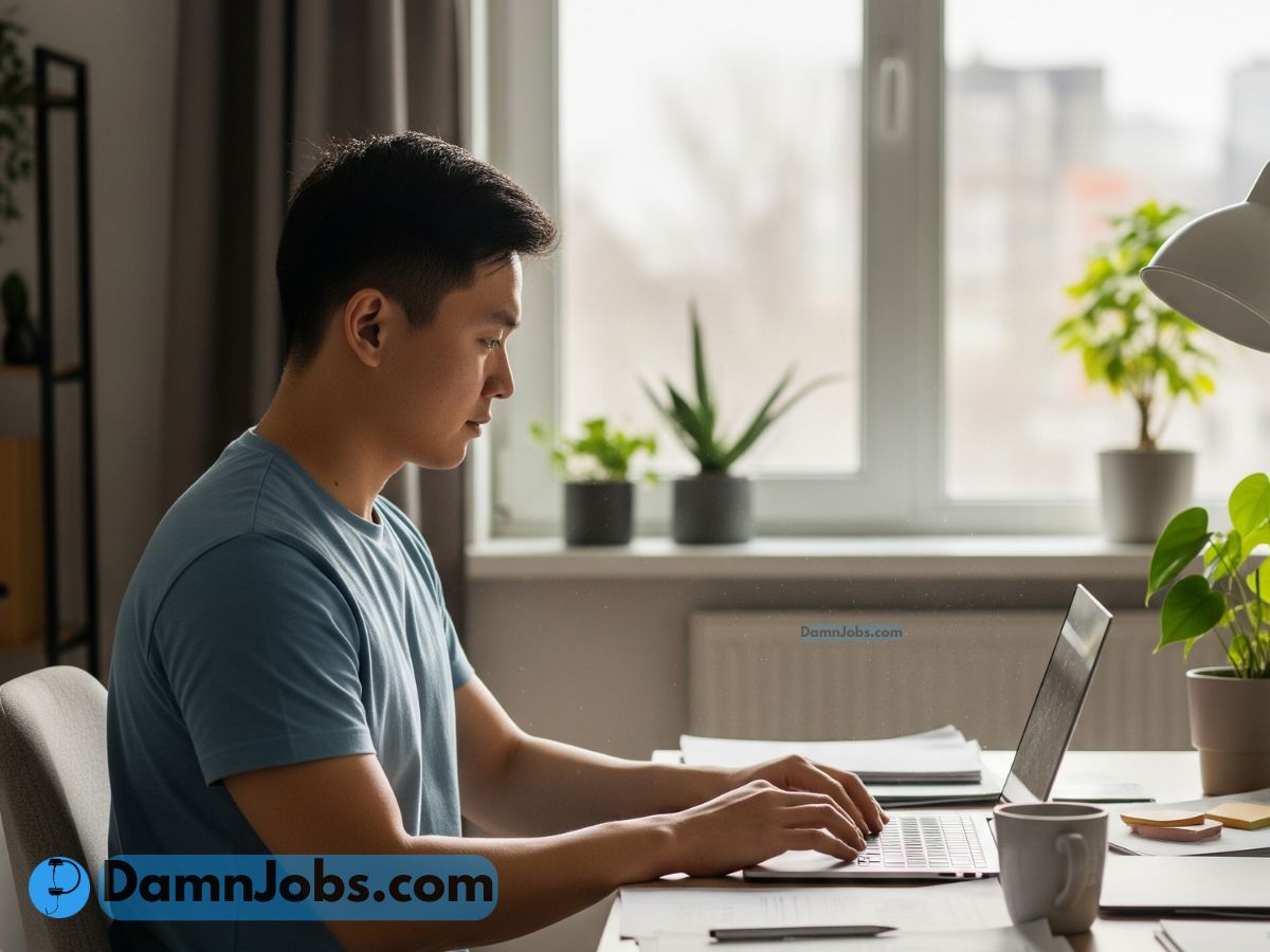 A person working at a desk surrounded by tabs or icons of remote job boards, symbolizing job discovery and online opportunity.