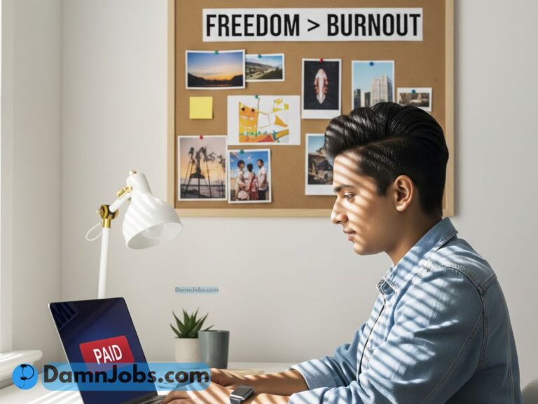 Freelancer smiling at their laptop showing income growth, sitting at a bright home office with a freedom-focused vision board behind them.