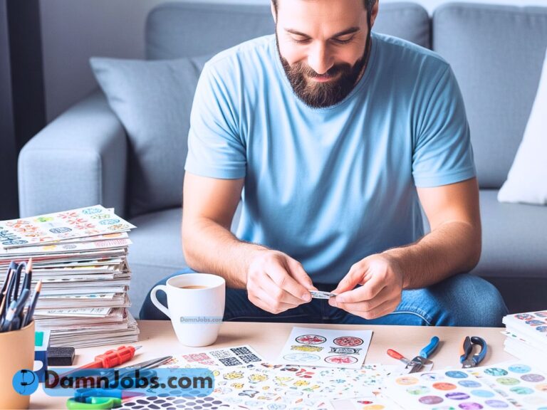 Smiling dad in his home office packing sticker orders, laptop open with Etsy dashboard showing $9,000/month sales.