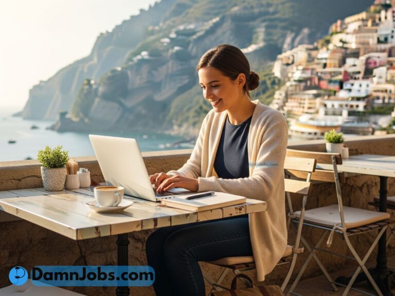 Person working on a laptop at an outdoor café with a scenic view, representing freedom and remote work.