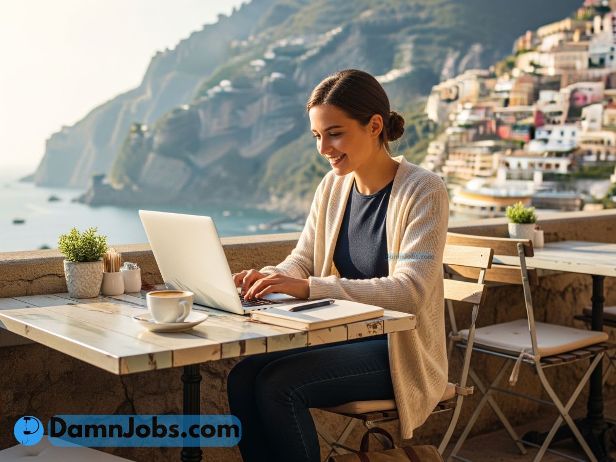 Person working on a laptop at an outdoor café with a scenic view, representing freedom and remote work.