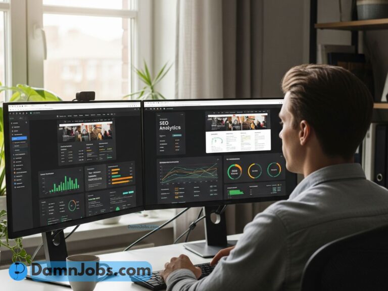 Website manager working from home with multiple screens showing analytics and SEO tools, coffee on the desk.