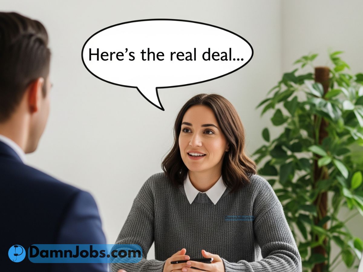 Confident woman speaking honestly during a job interview in a modern office setting.