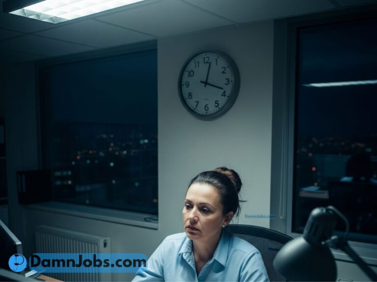 Tired office worker staying late at work while the office is empty.