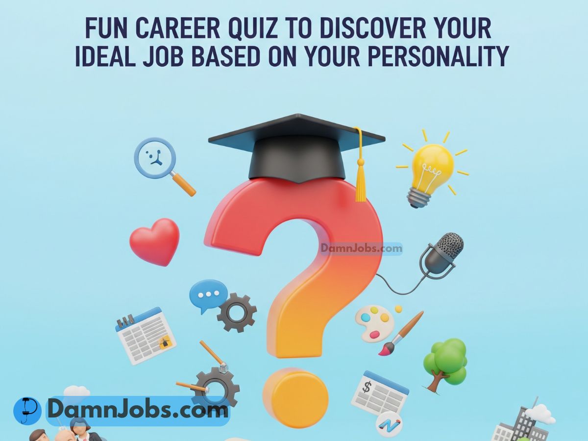 A colorful question mark wearing a graduation cap, surrounded by icons like a lightbulb, paint palette, and microphone. Text reads: "Fun career quiz to discover your ideal job based on your personality." The tone is playful and inviting.