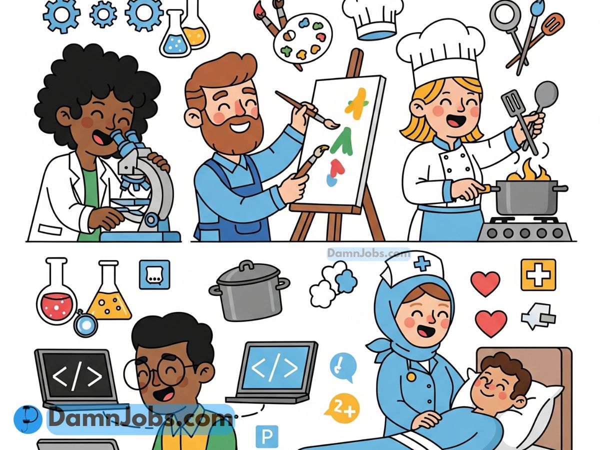 Illustration of diverse professionals: a scientist at a microscope, an artist painting, a chef cooking, a programmer at a laptop, and a nurse with a patient.