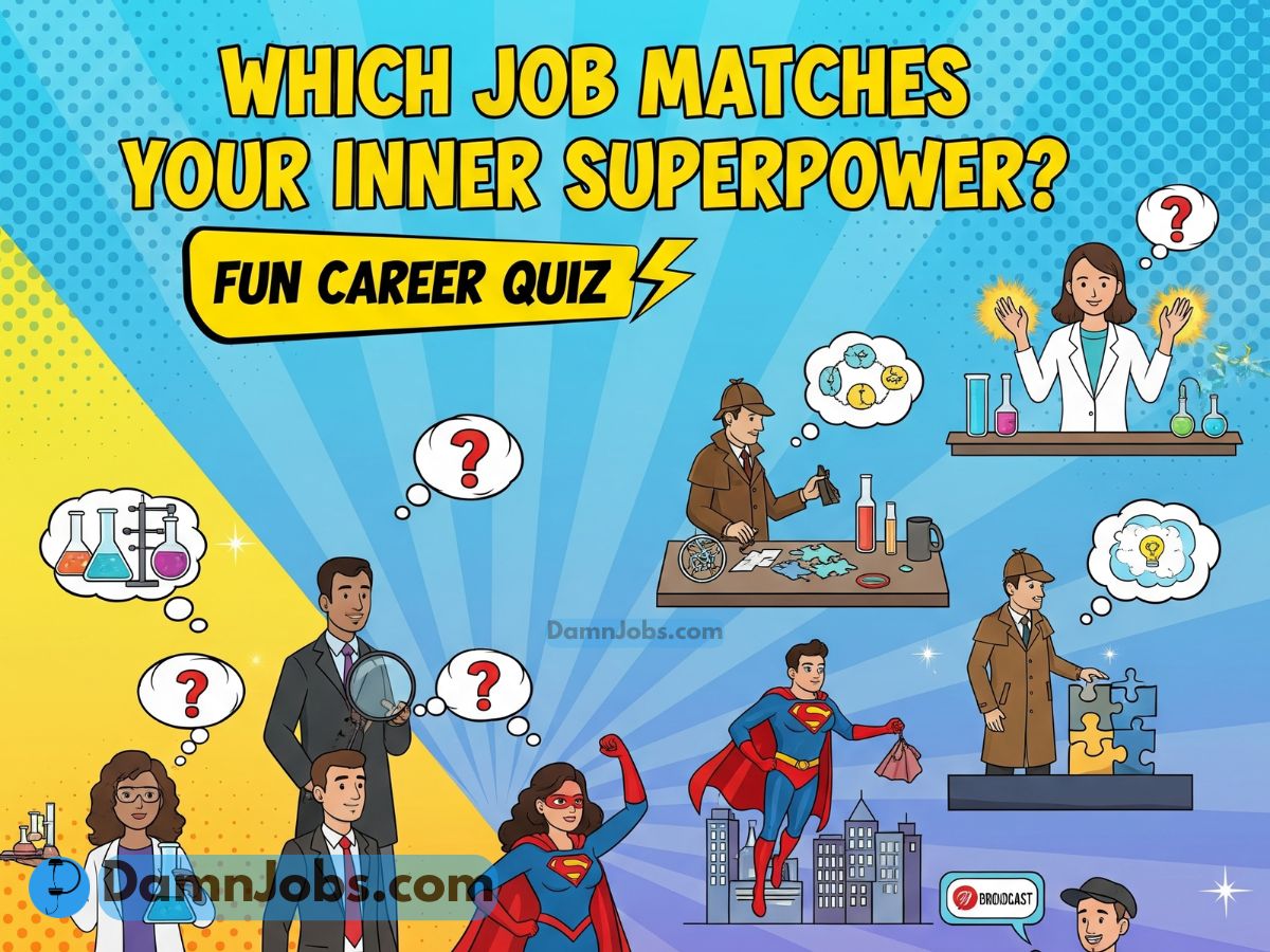 Comic-style illustration with superheros and professionals, titled "Which Job Matches Your Inner Superpower? Fun Career Quiz." Bright, energetic vibe.